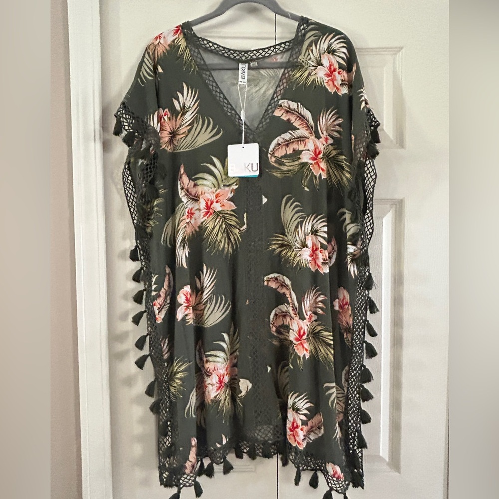BAKU Swim Coverup OS Short Sleeve Deep V-Neck Semi-Sheer Coral Botanical Floral - Picture 2 of 14